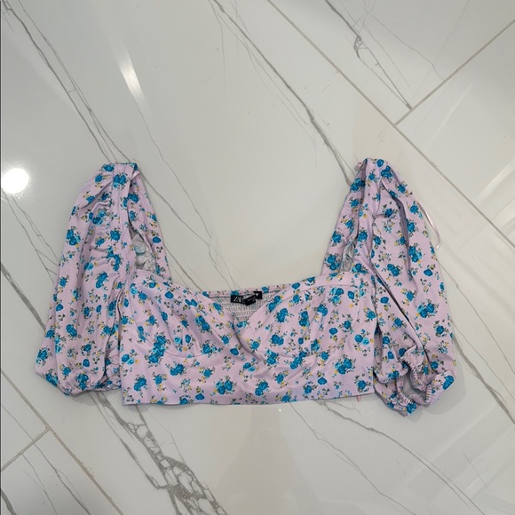 Zara Puff Sleeve Pink and Blue Crop Blouse - Picture 1 of 4
